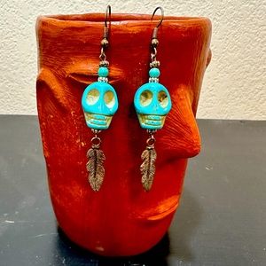Turquoise Skull and Silver Feather Earrings
